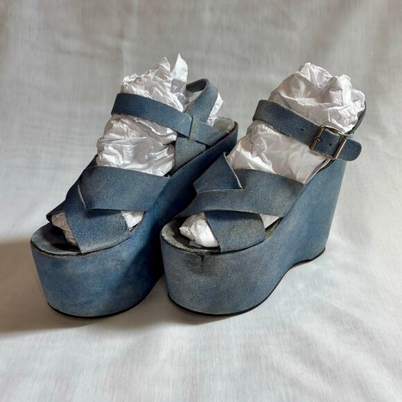 1970s Blue Leather Platform Heels Strappy Shoe 6" Heel Greek Leather by Alpi - Picture 1 of 12